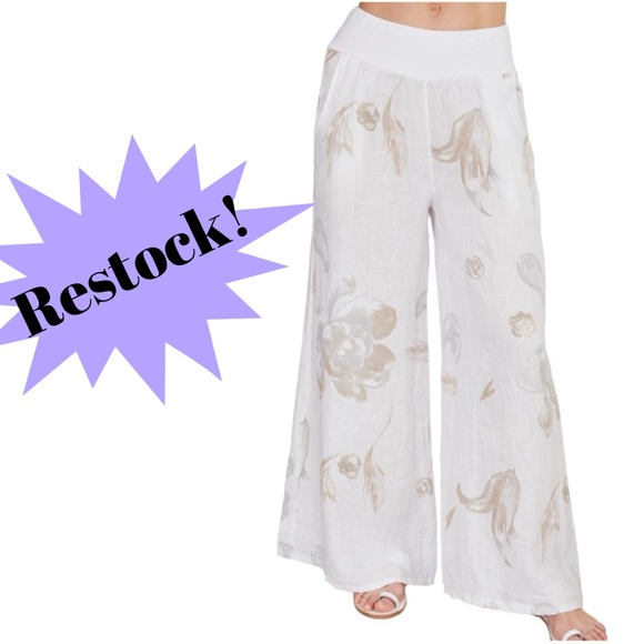 Pants - Floral Wide-Leg Pants in Cream and White